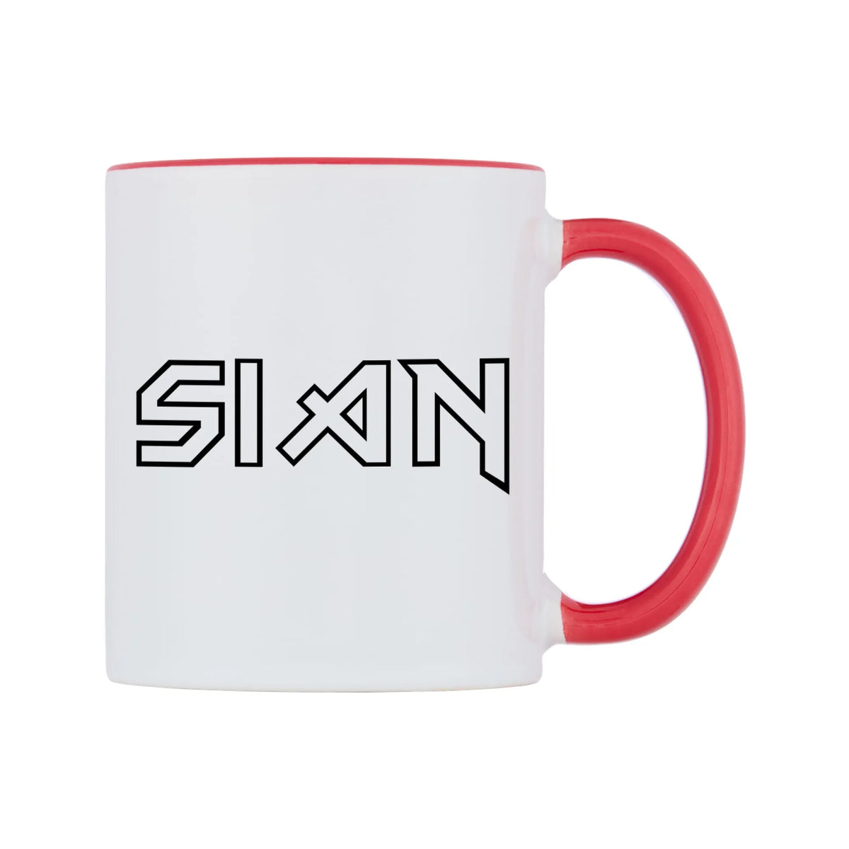 Sian - Iron Maiden Themed Mug — white 11oz gloss mug with a red inside and handle, left side, on a white background