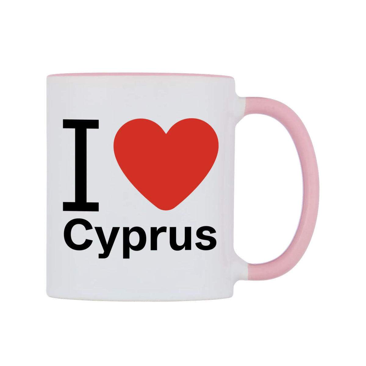 I Love Cyprus Mug — white 11oz gloss mug with a pink inside and handle, left side, on a white background