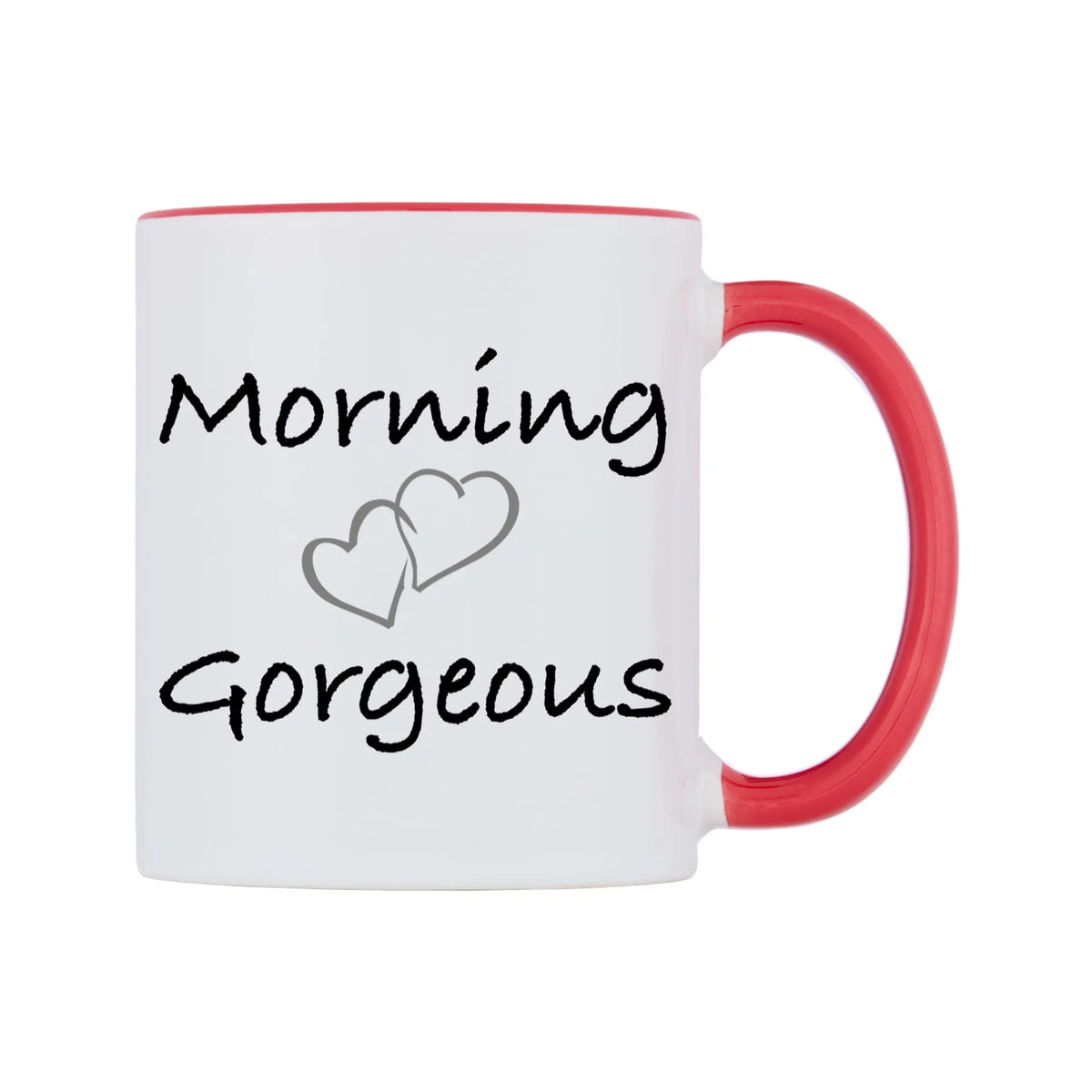 Morning Gorgeous Mug — white 11oz gloss mug with a red inside and handle, left side, on a white background