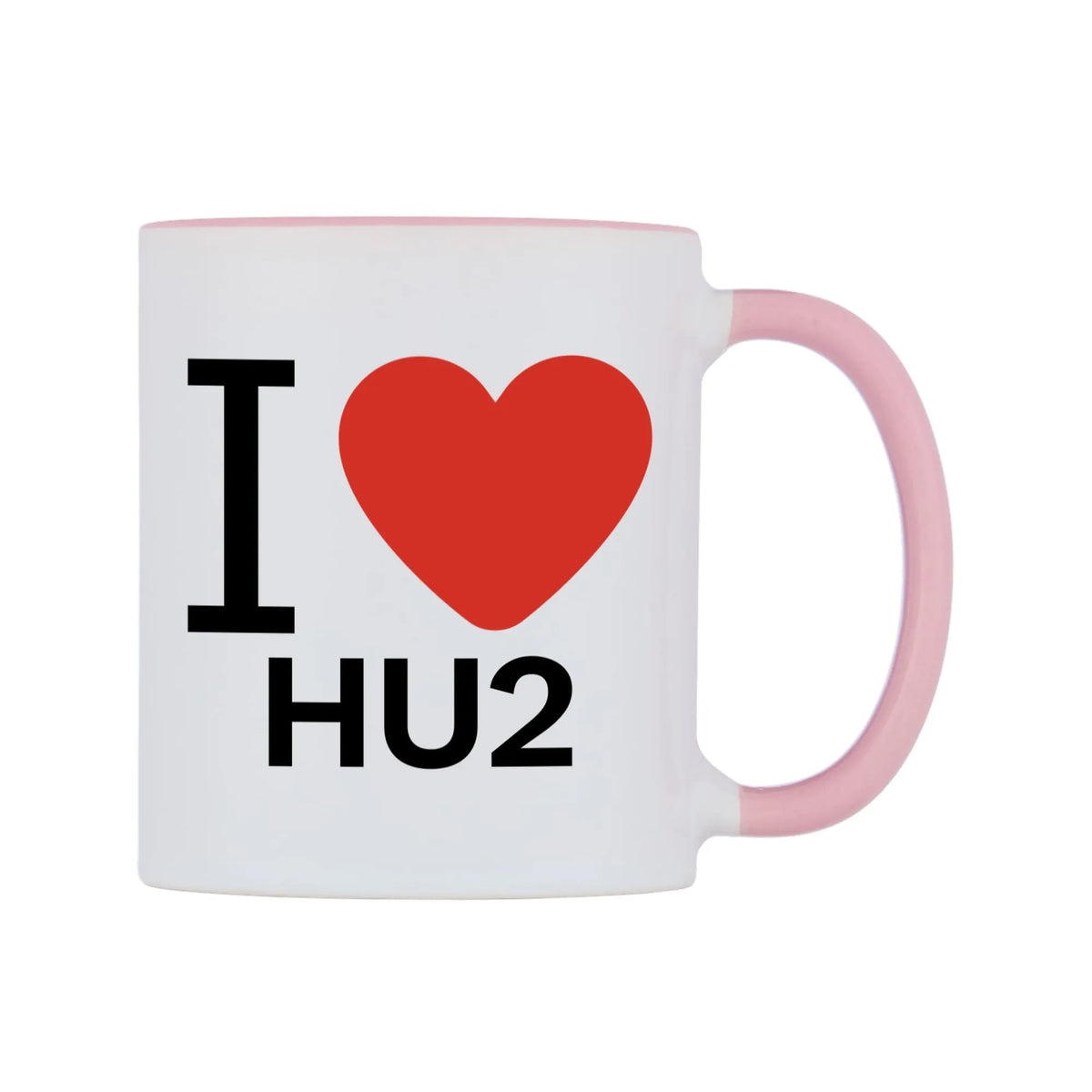 I Love HU2 Mug — white 11oz gloss mug with a pink inside and handle, left side, on a white background