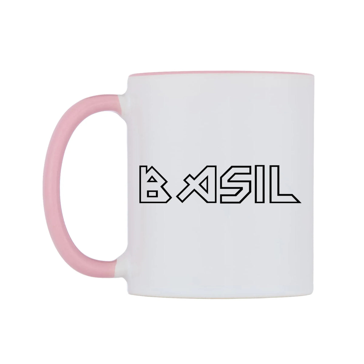 Basil - Iron Maiden Themed Mug — white 11oz gloss mug with a pink inside and handle, right side, on a white background