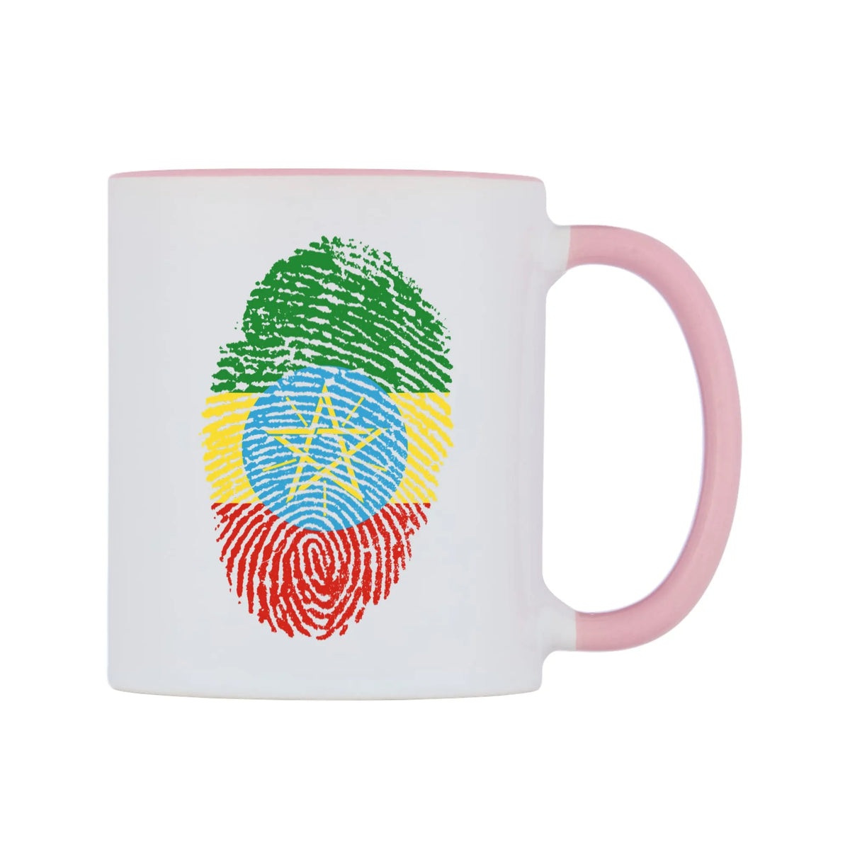 Ethiopia Finger Print Flag Mug — white 11oz gloss mug with a pink inside and handle, left side, on a white background