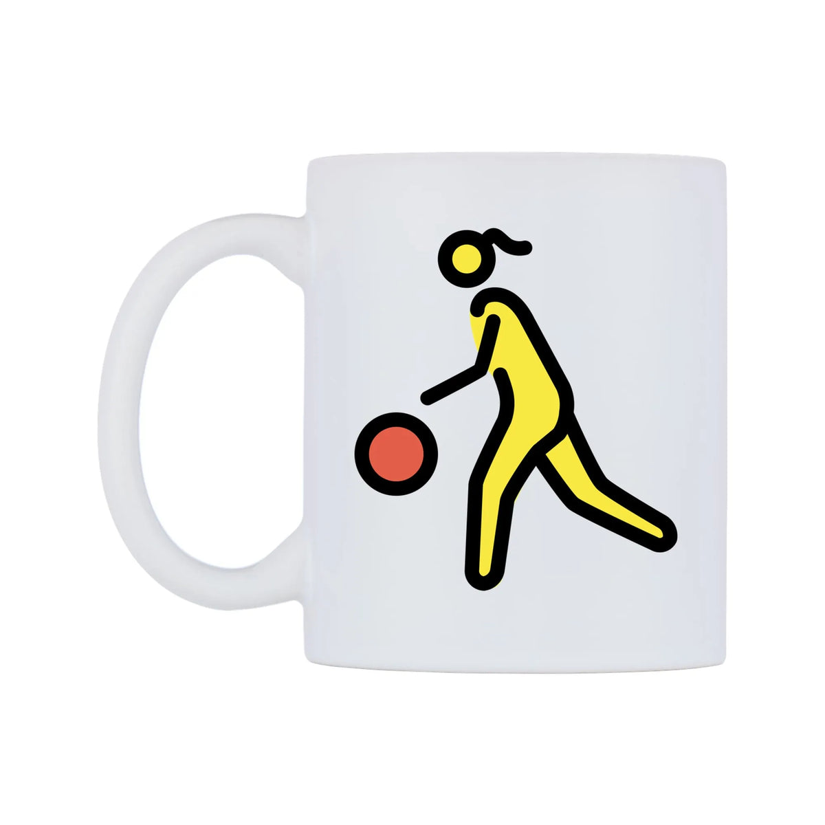 Female Bouncing Ball Emoji Mug — mug, right side, on a white background