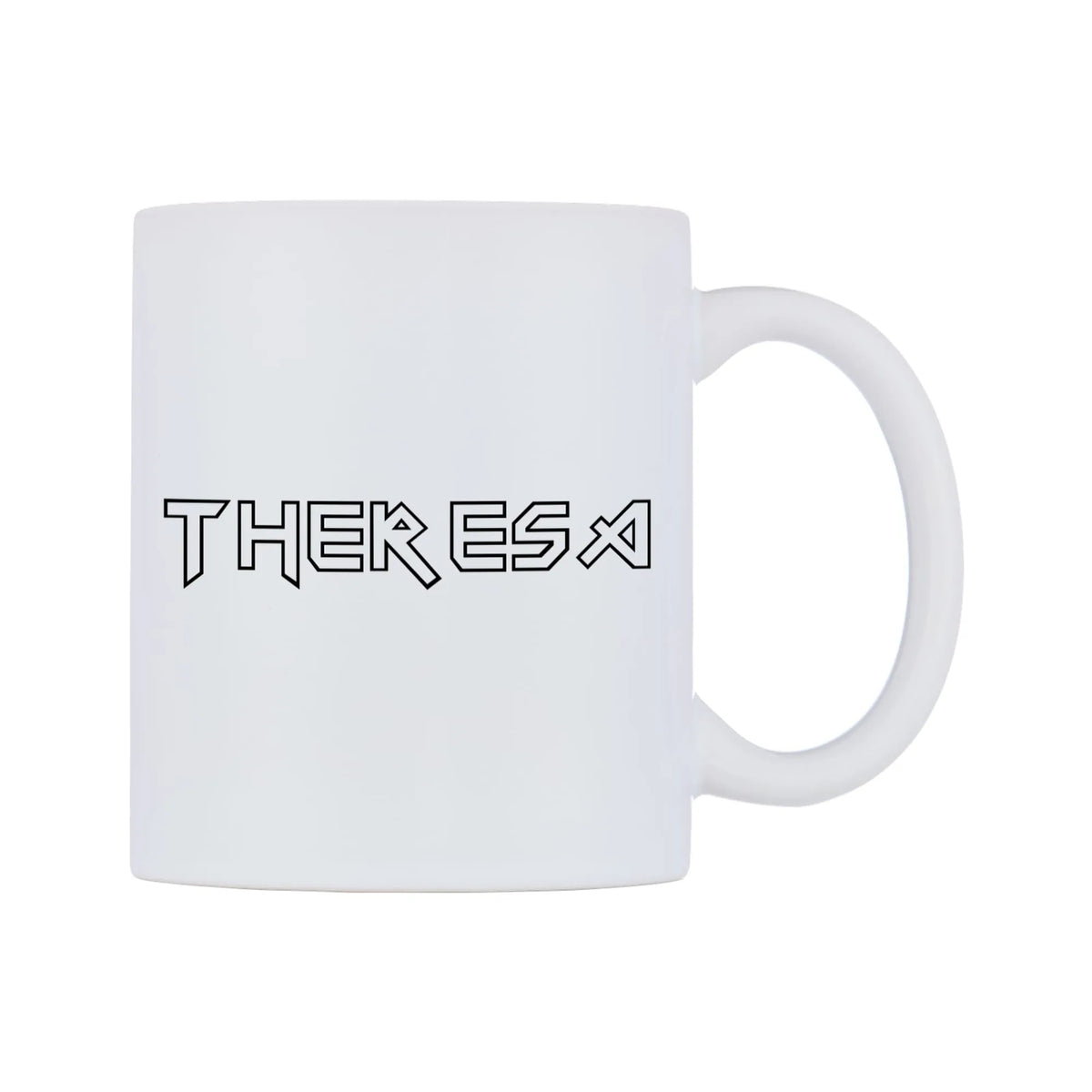 Theresa - Iron Maiden Themed Mug — white 11oz gloss mug, left side, on a white background