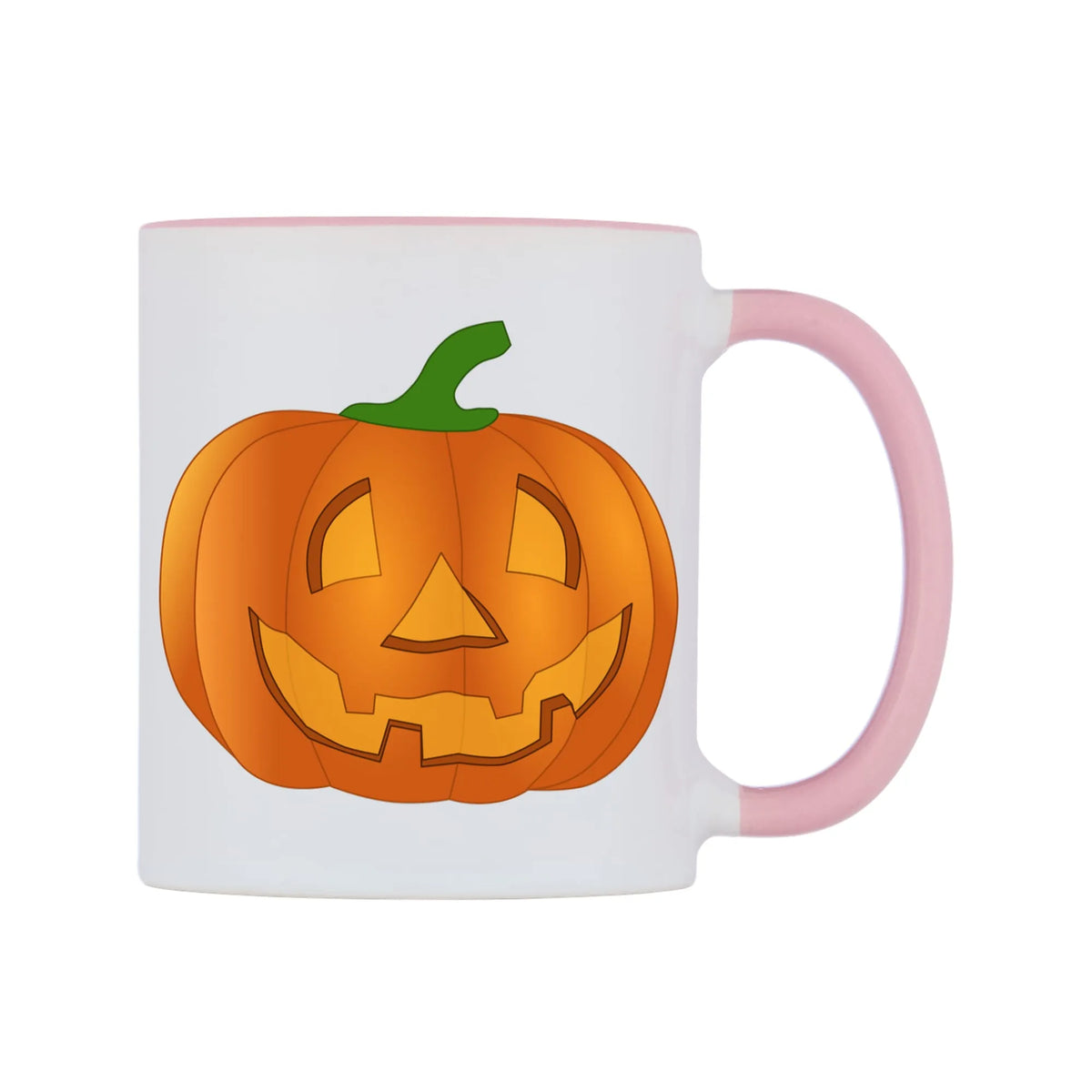 Halloween Pumpkin Mug — white 11oz gloss mug with a pink inside and handle, left side, on a white background