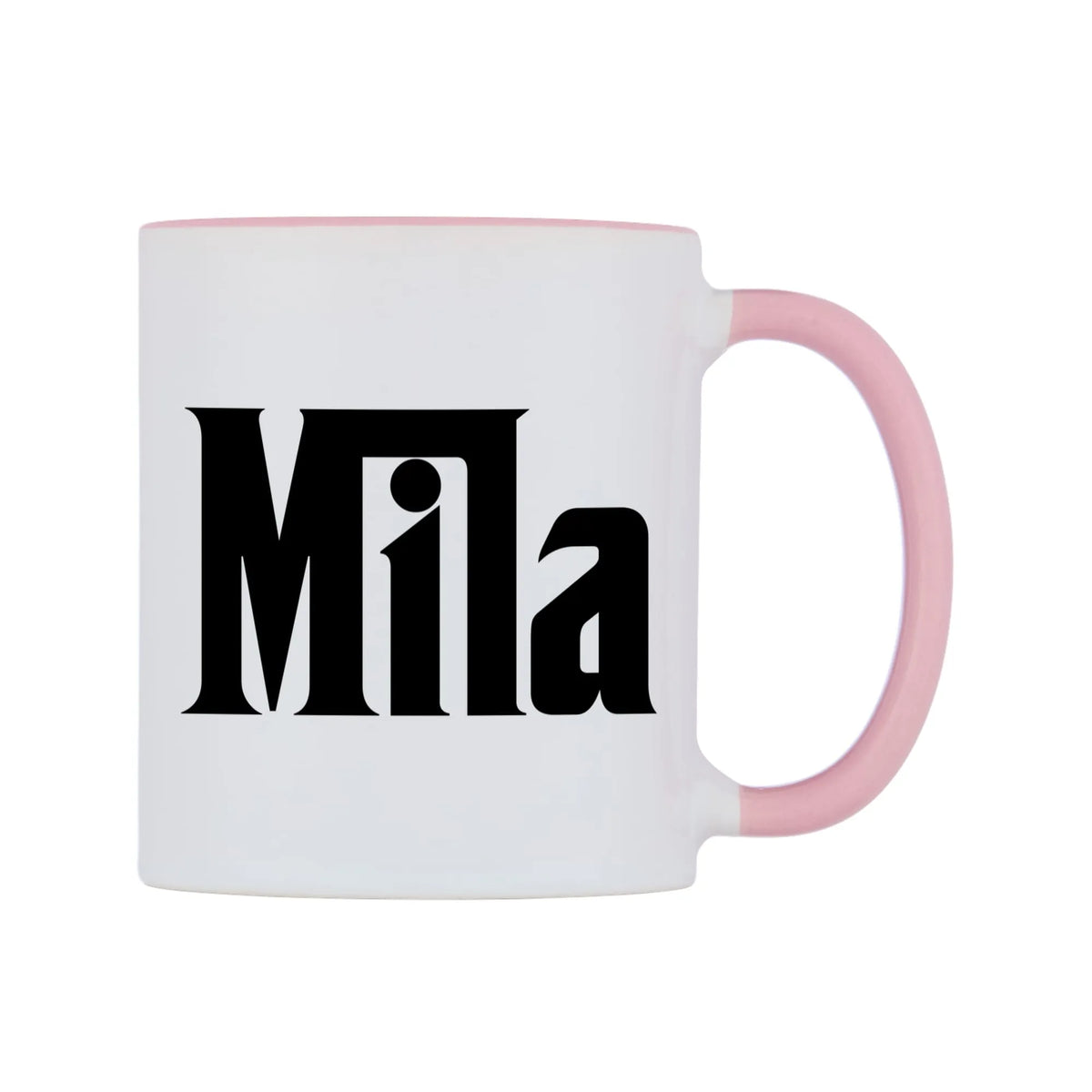 Mila - Godfather Themed Mug — white 11oz gloss mug with a pink inside and handle, left side, on a white background