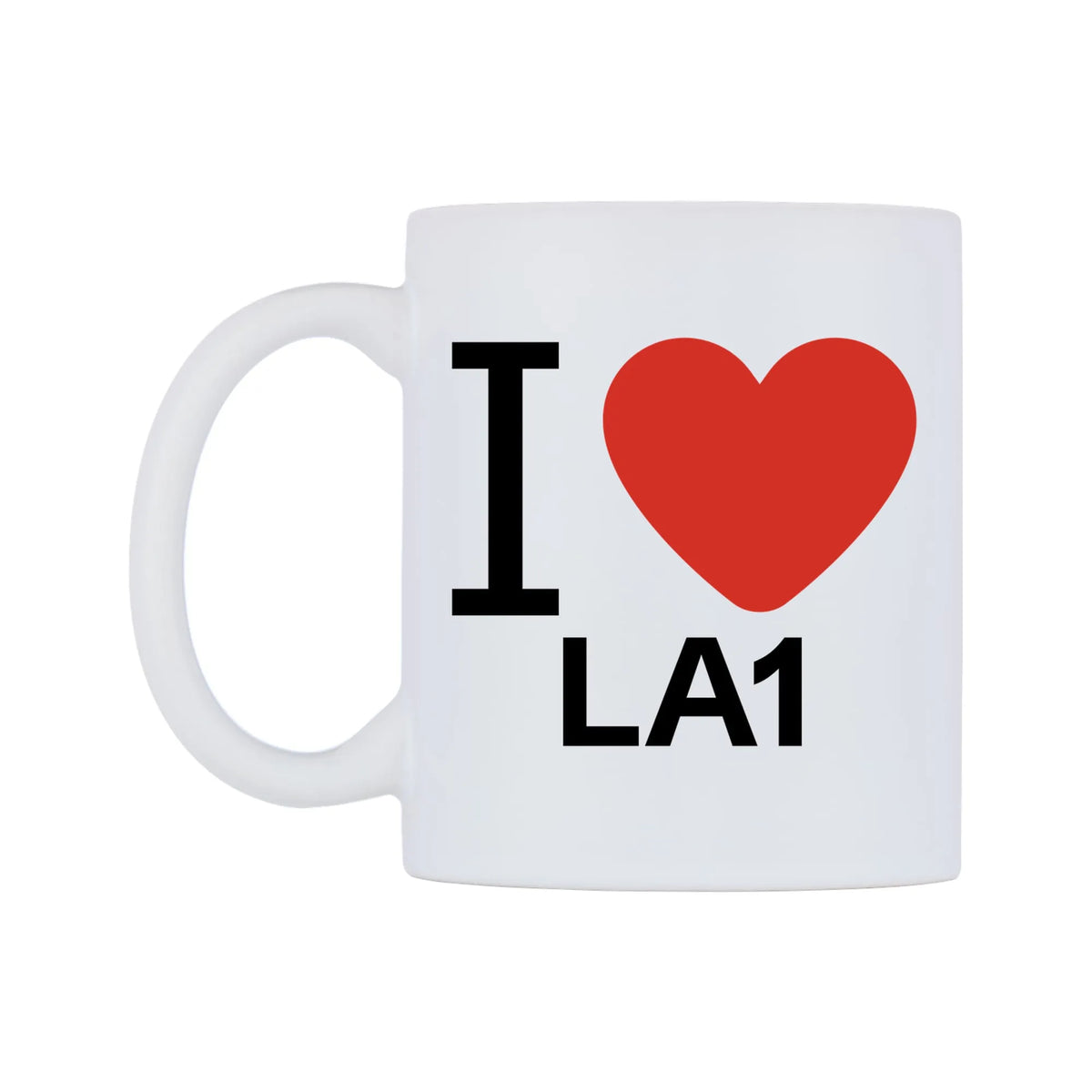I Love LA1 Mug — white 11oz gloss mug, right side, on a white background