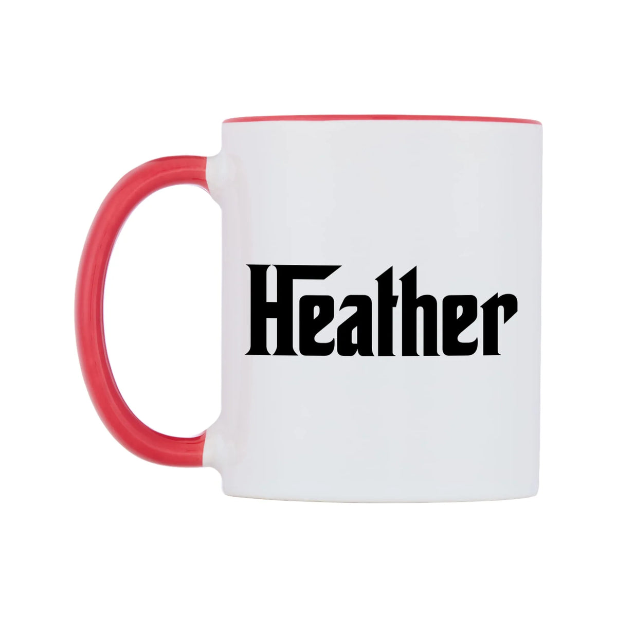 Heather - Godfather Themed Mug — white 11oz gloss mug with a red inside and handle, right side, on a white background