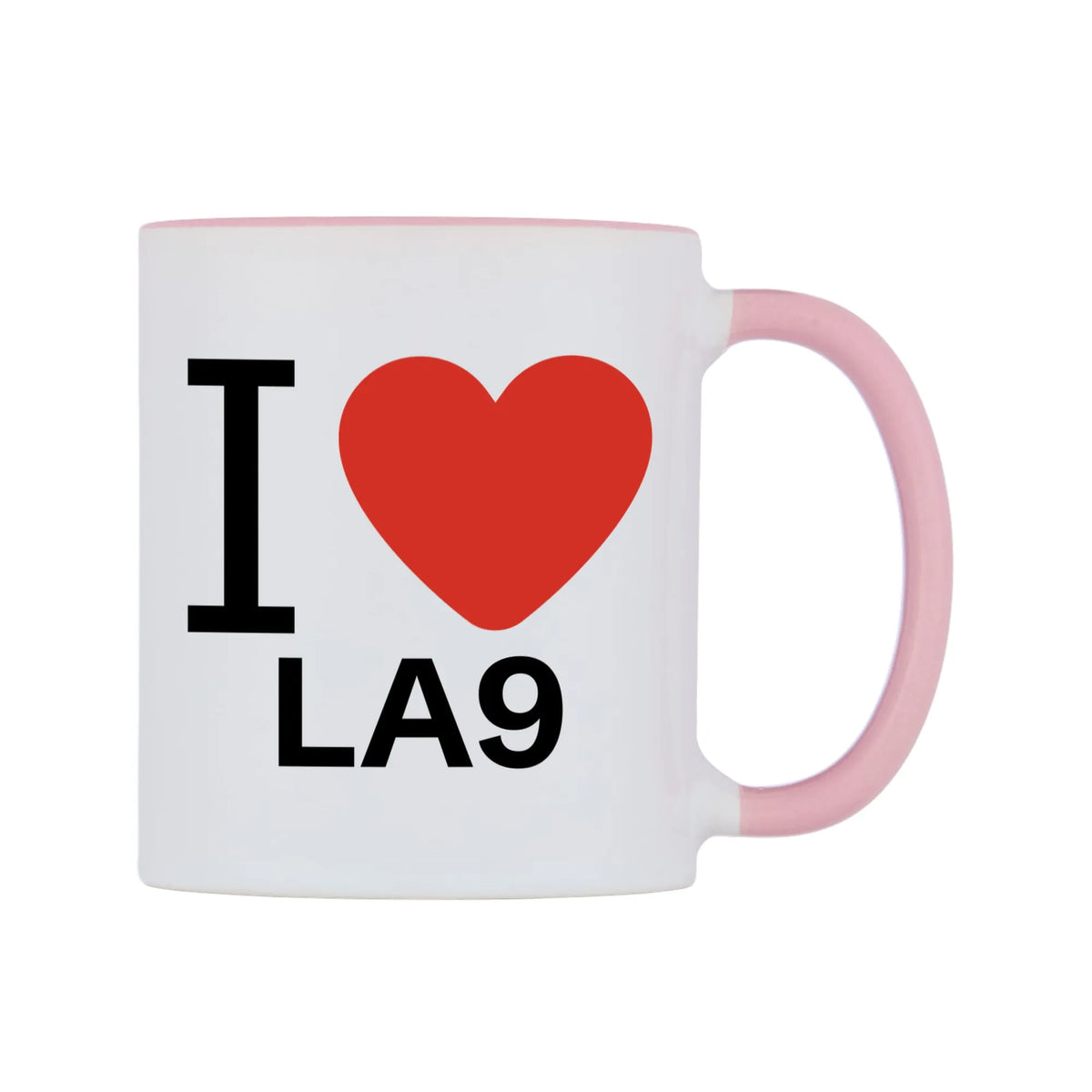 I Love LA9 Mug — white 11oz gloss mug with a pink inside and handle, left side, on a white background