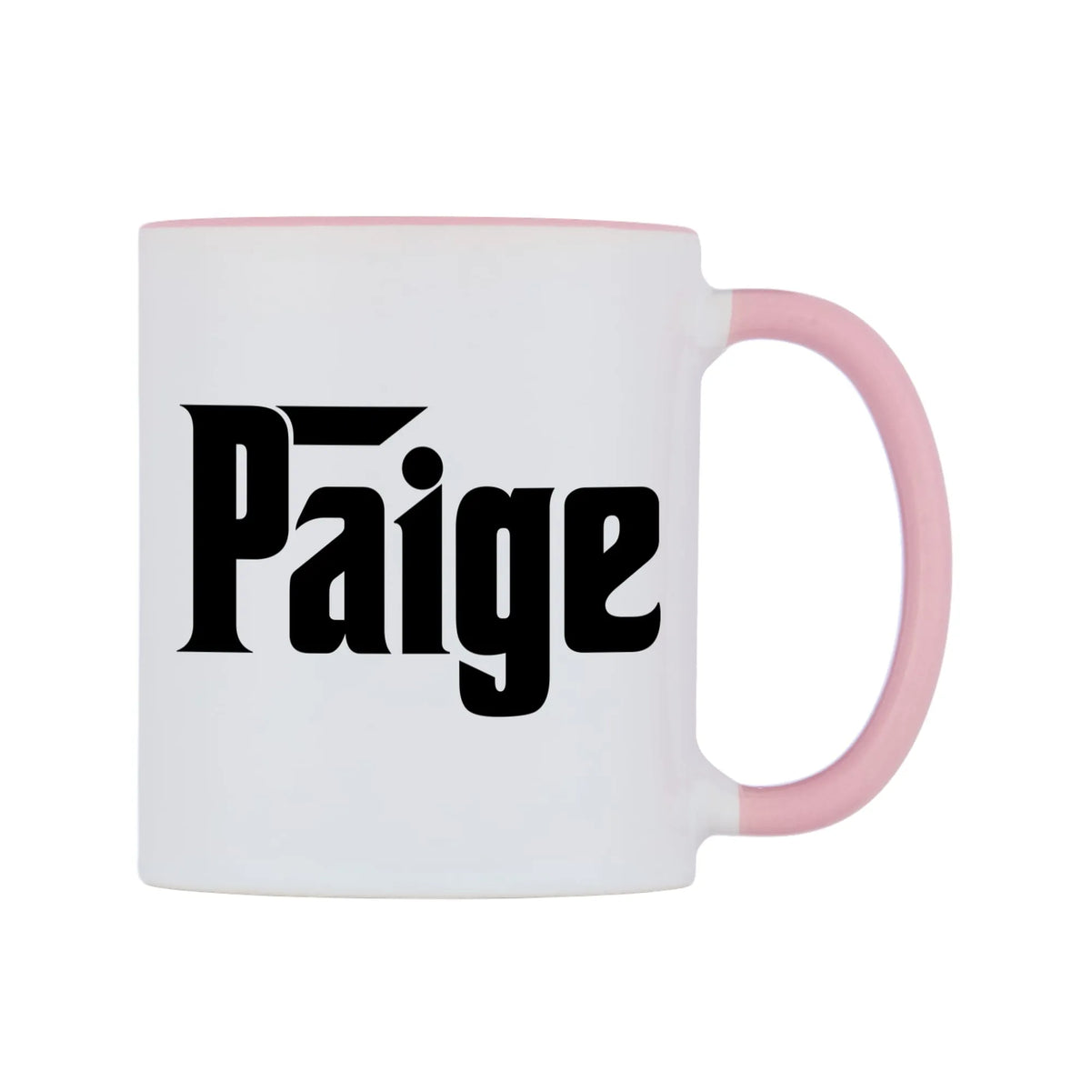 Paige - Godfather Themed Mug — white 11oz gloss mug with a pink inside and handle, left side, on a white background