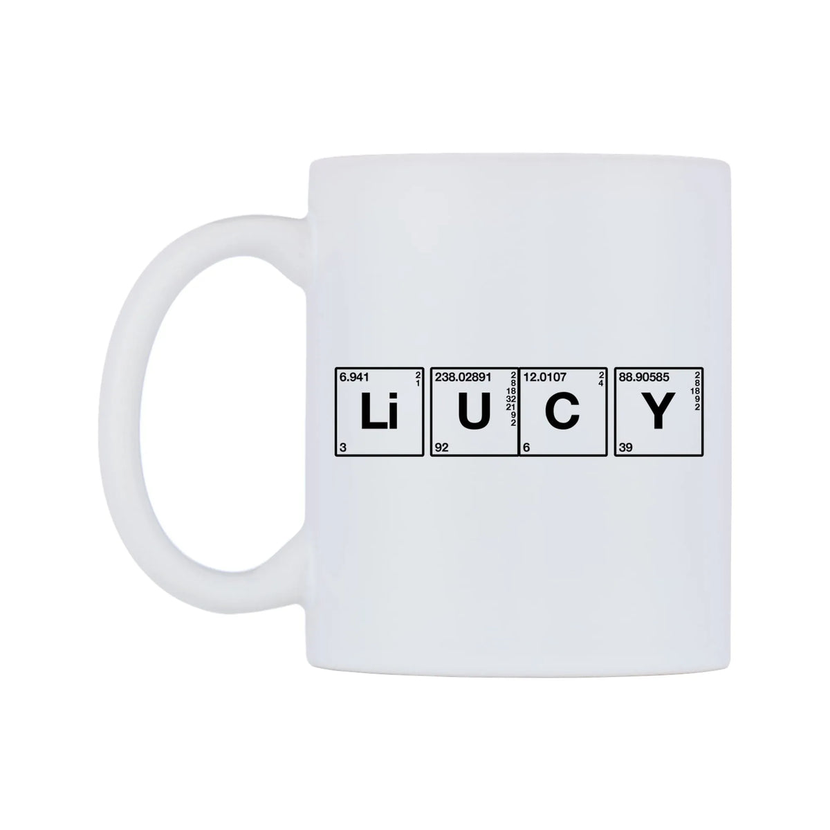 Lucy - Chemistry Themed Mug — mug, right side, on a white background