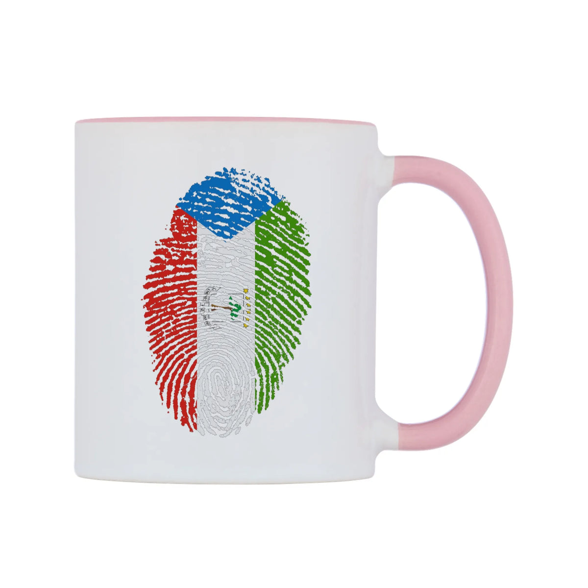 Equatorial Guinea Finger Print Flag Mug — white 11oz gloss mug with a pink inside and handle, left side, on a white background