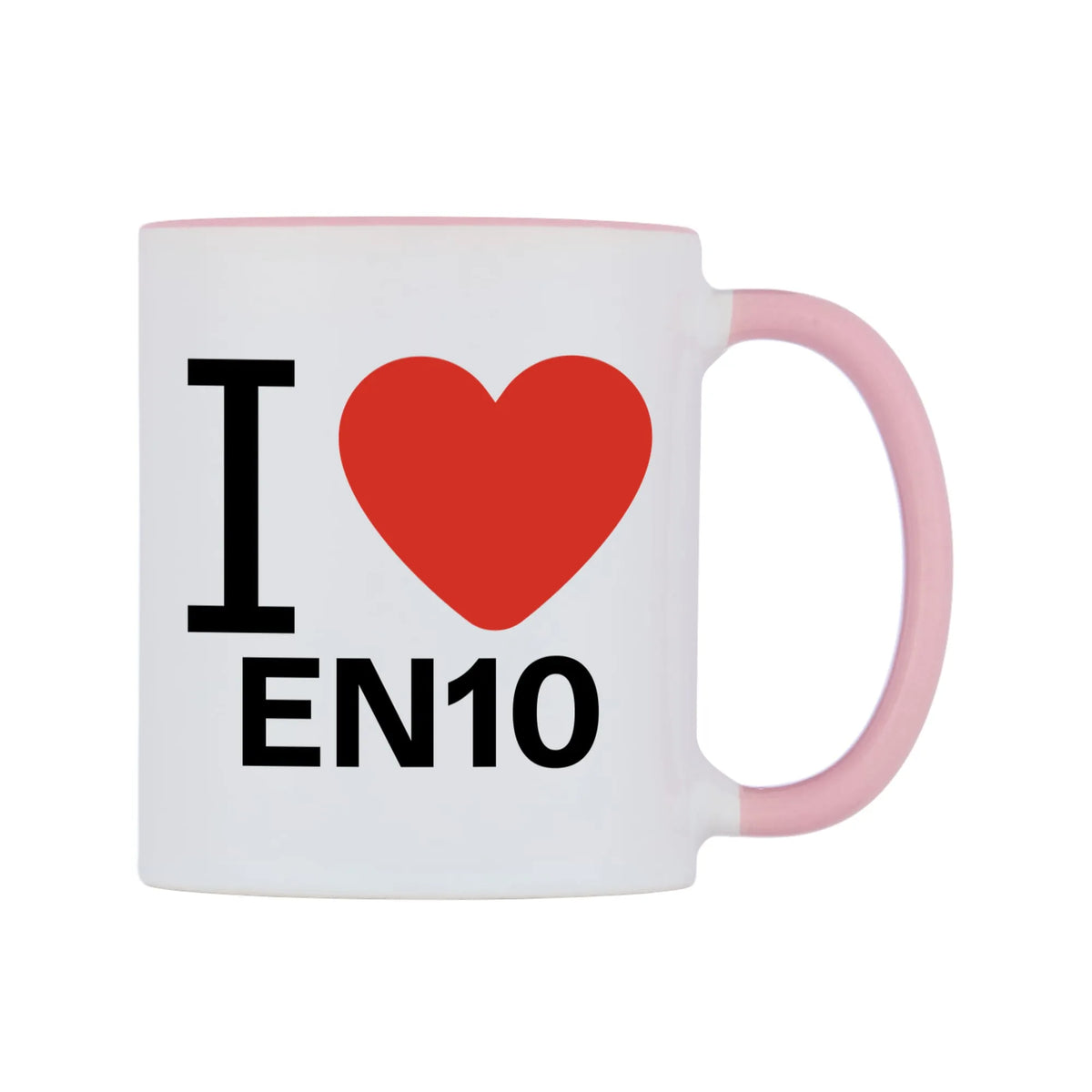I Love EN10 Mug — white 11oz gloss mug with a pink inside and handle, left side, on a white background