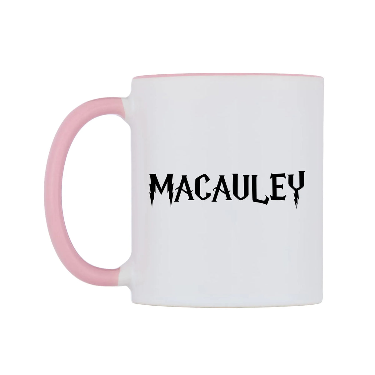 Macauley - Wizard Themed Mug — white 11oz gloss mug with a pink inside and handle, right side, on a white background