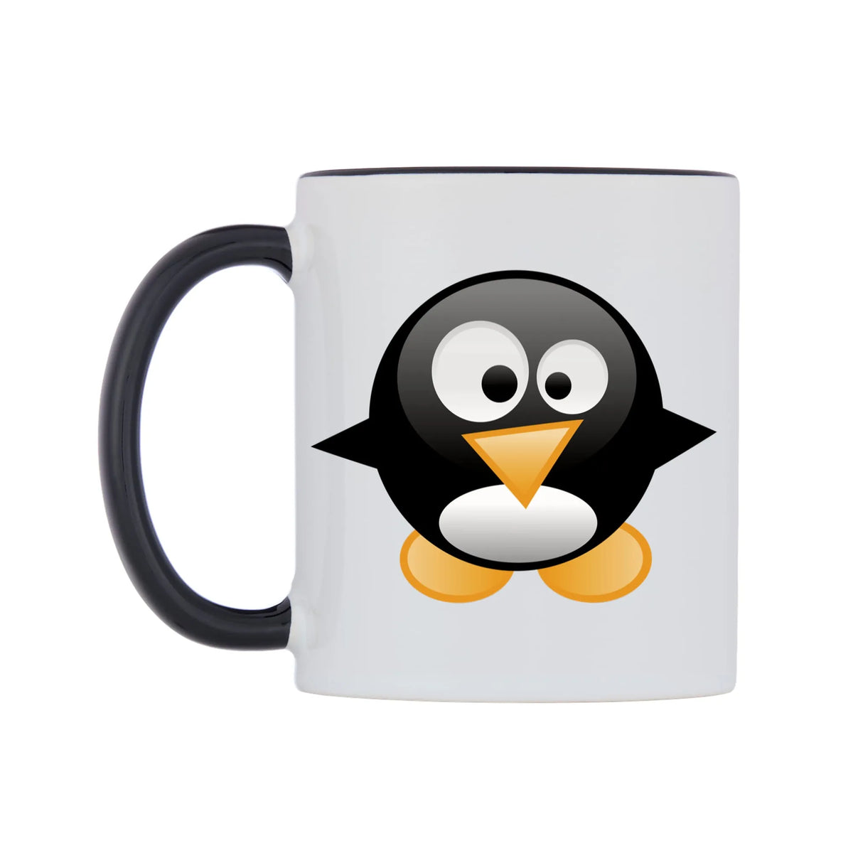 Cute Penguin Mug — white 11oz gloss mug with a black inside and handle, right side, on a white background