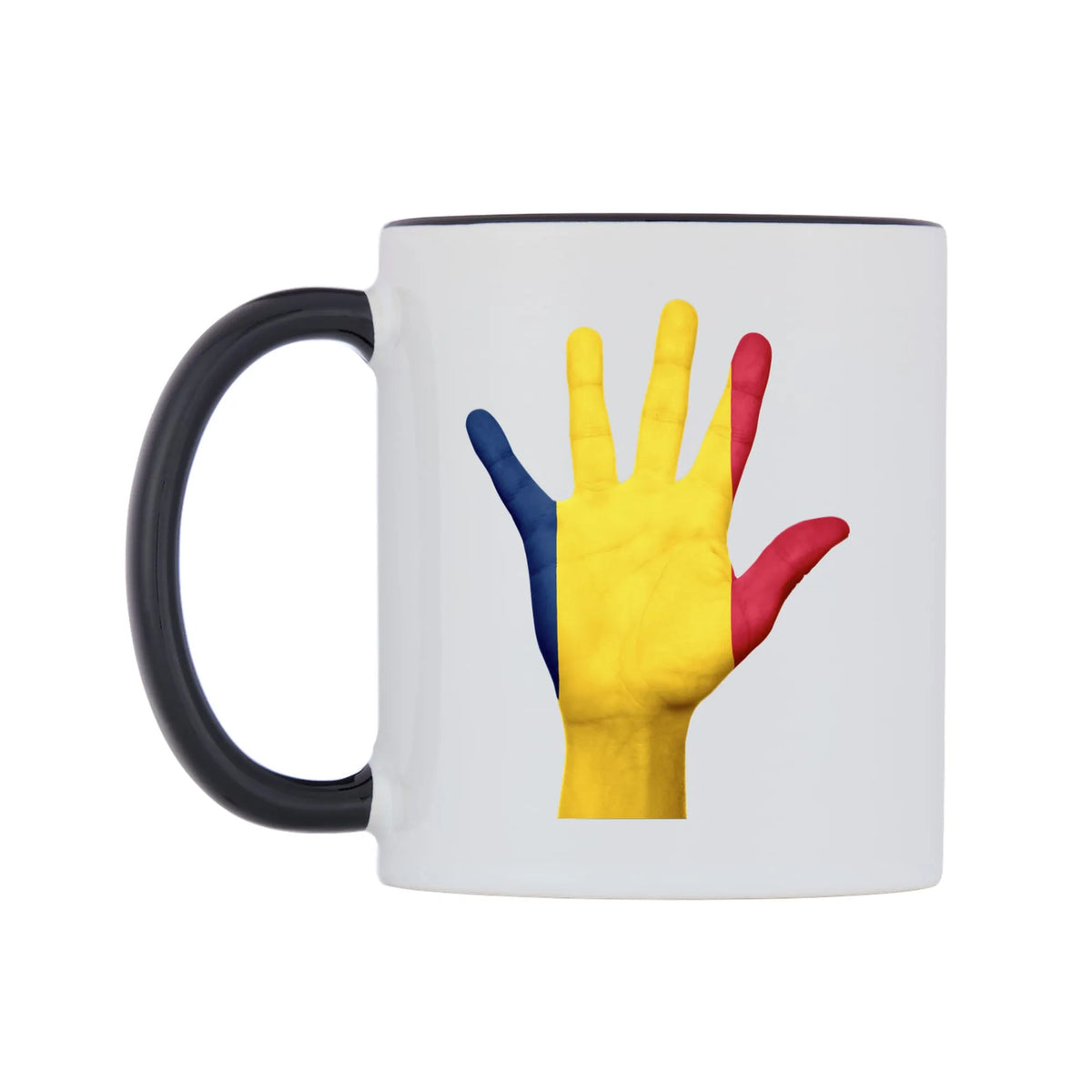 Chad Hand Flag Mug — white 11oz gloss mug with a black inside and handle, right side, on a white background