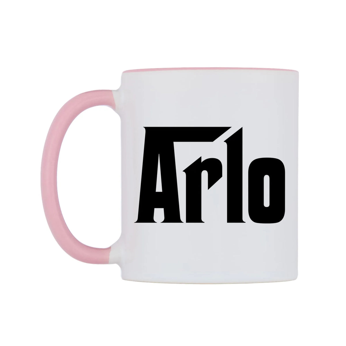 Arlo - Godfather Themed Mug — white 11oz gloss mug with a pink inside and handle, right side, on a white background