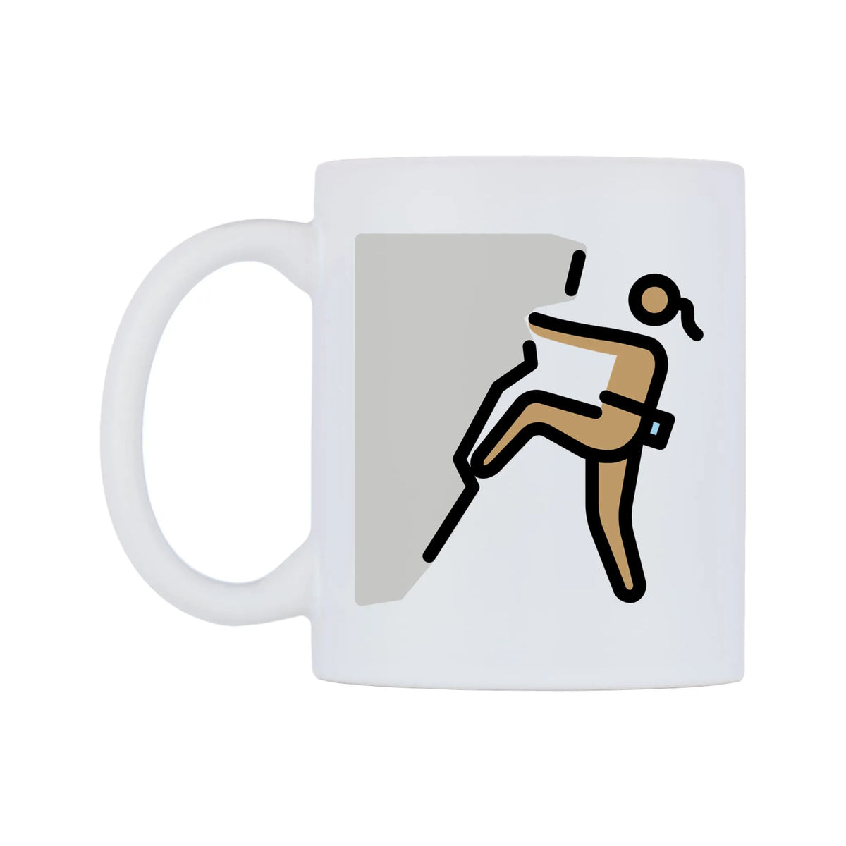 Female Climbing: Medium Skin Tone Emoji Mug — mug, right side, on a white background