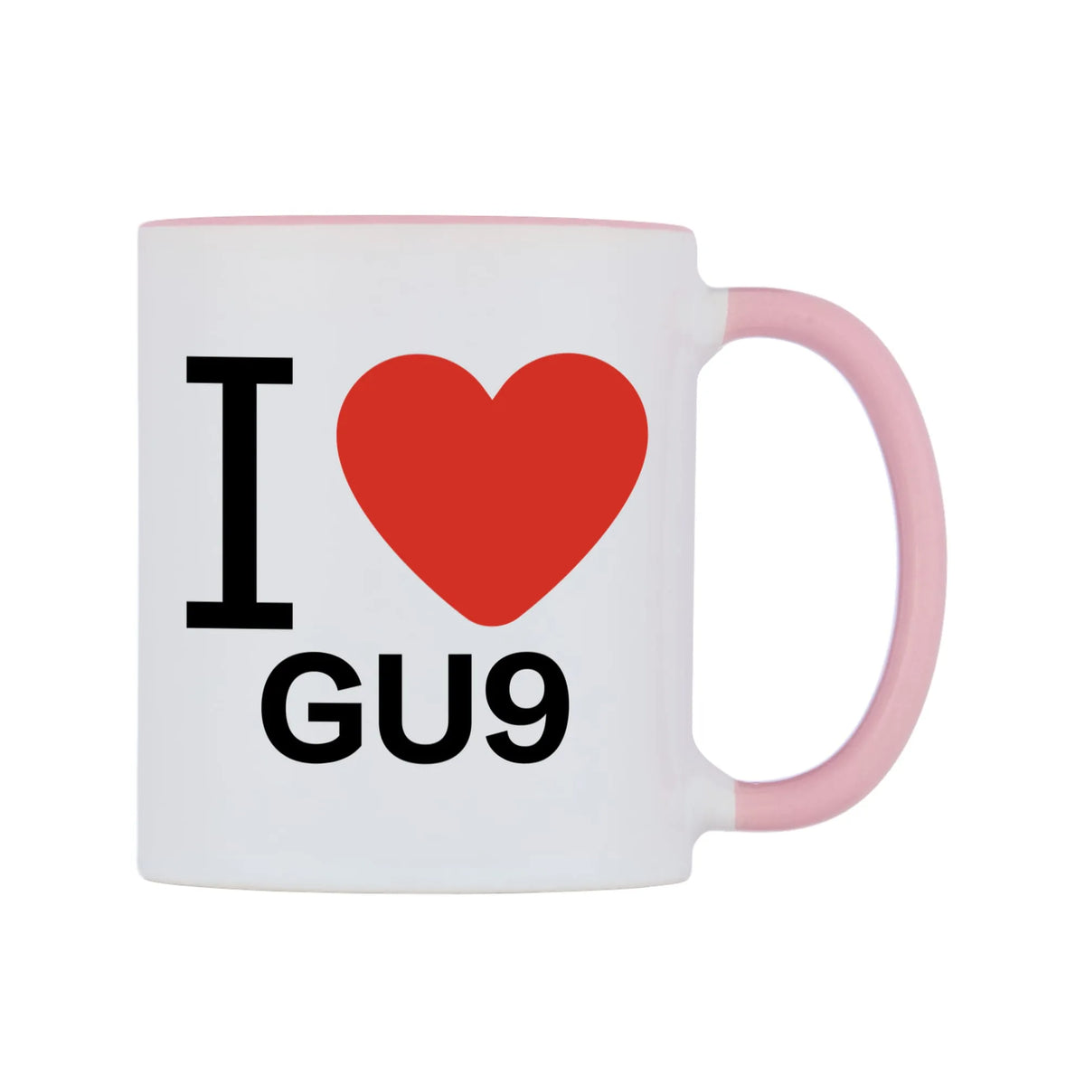 I Love GU9 Mug — white 11oz gloss mug with a pink inside and handle, left side, on a white background