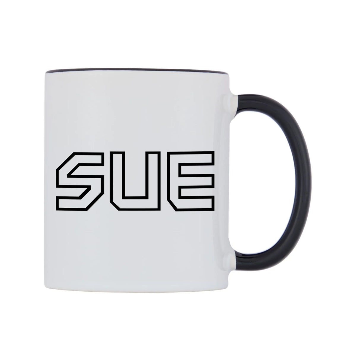 Sue - Iron Maiden Themed Mug — white 11oz gloss mug with a black inside and handle, left side, on a white background