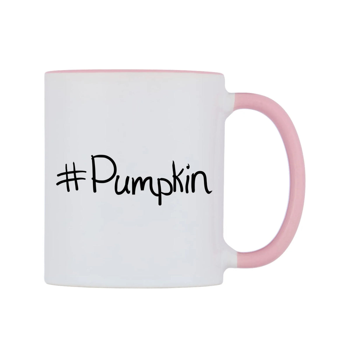 Pumpkin Mug — white 11oz gloss mug with a pink inside and handle, left side, on a white background