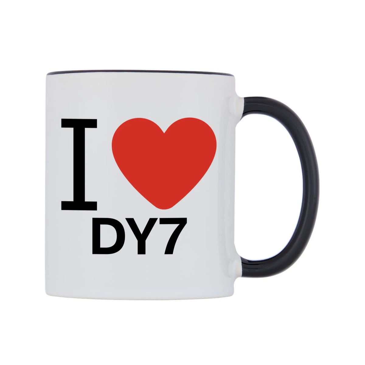I Love DY7 Mug — white 11oz gloss mug with a black inside and handle, left side, on a white background
