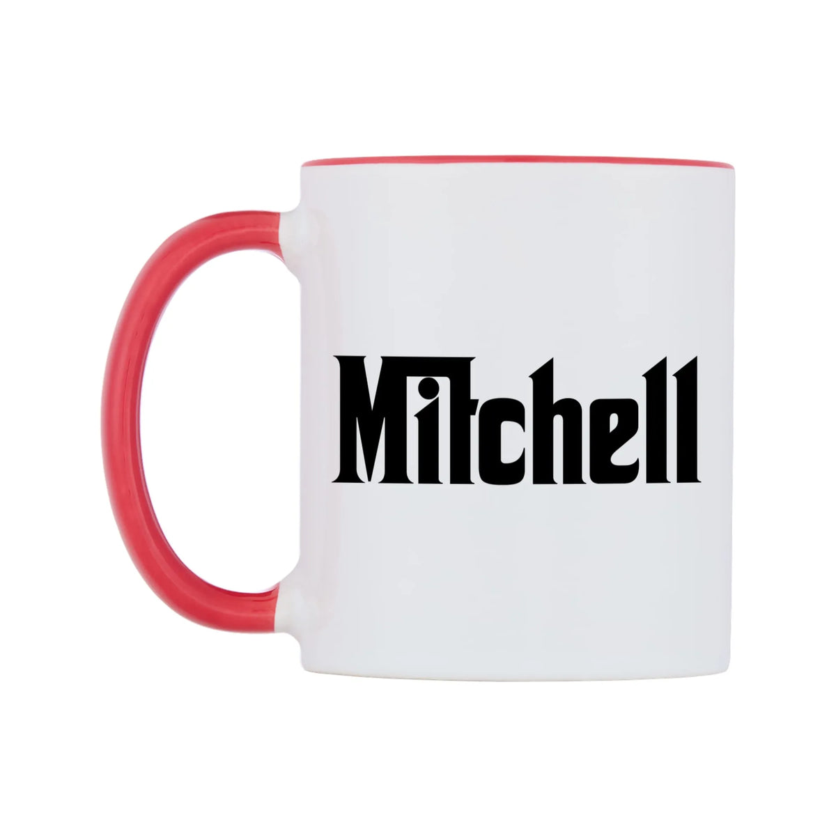 Mitchell - Godfather Themed Mug — white 11oz gloss mug with a red inside and handle, right side, on a white background
