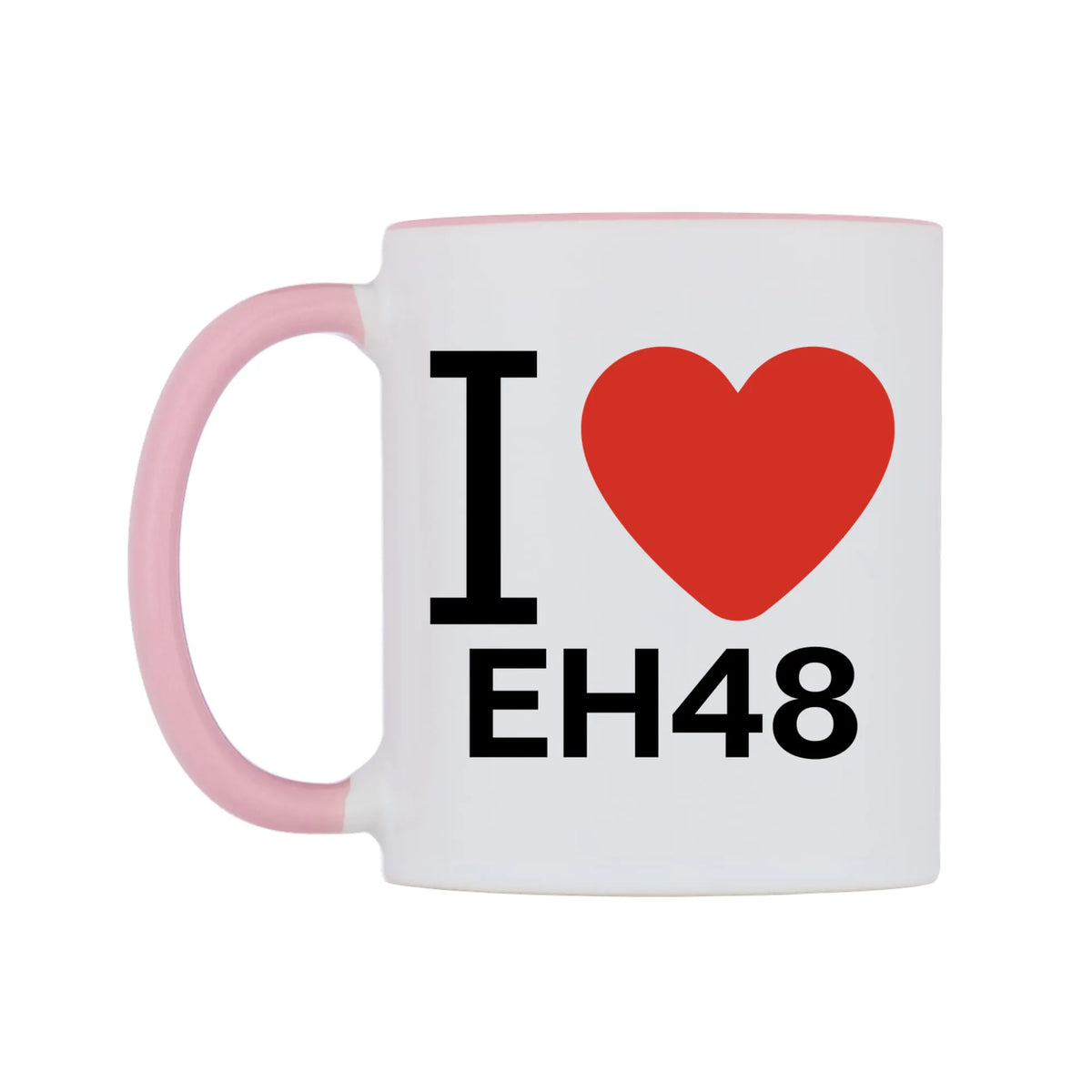 I Love EH48 Mug — white 11oz gloss mug with a pink inside and handle, right side, on a white background