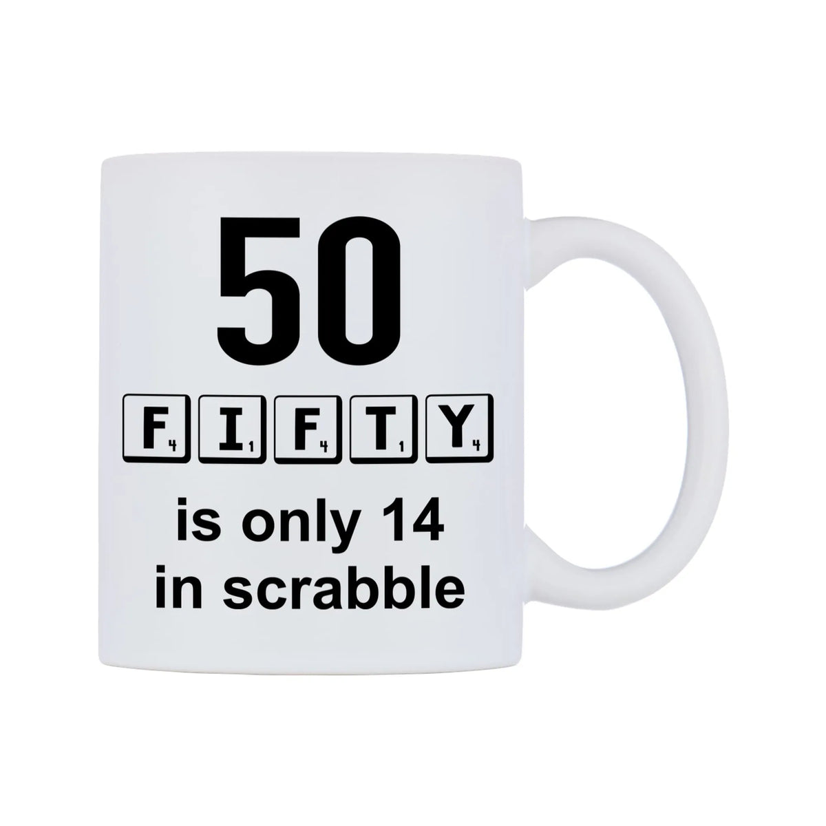 FIFTY is only 14 in Scrabble Mug — mug, left side, on a white background