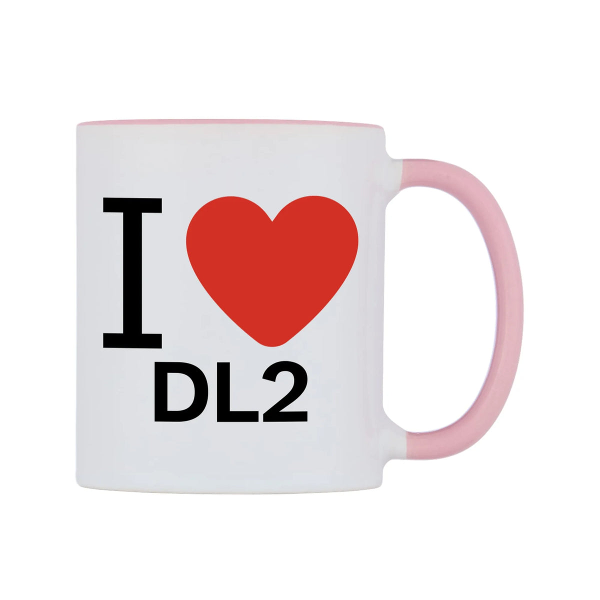 I Love DL2 Mug — white 11oz gloss mug with a pink inside and handle, left side, on a white background