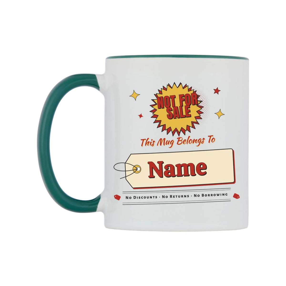 Not For Sale Swing Tag Mug — white 11oz gloss mug with a green inside and handle, on a white background