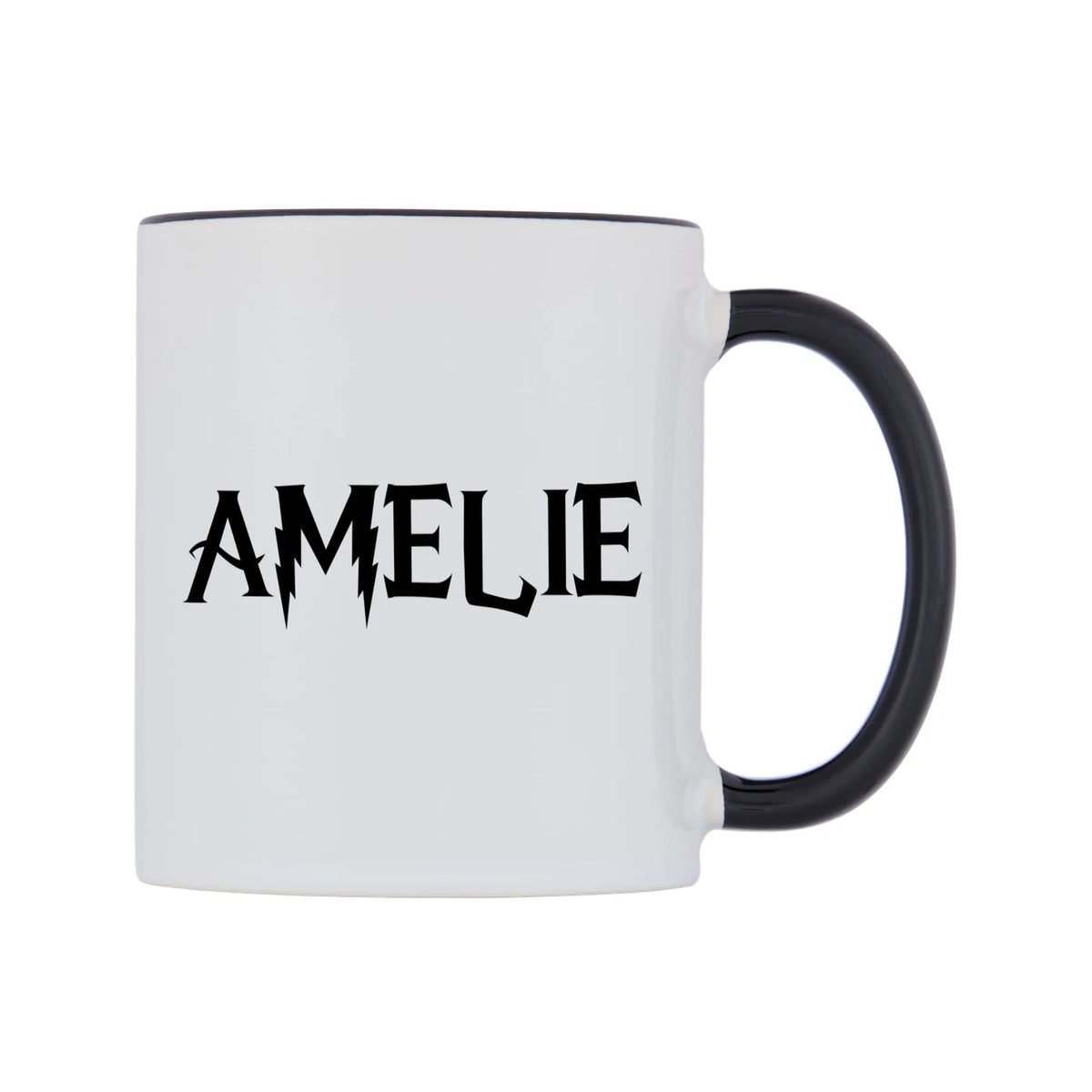Amelie - Wizard Themed Mug — white 11oz gloss mug with a black inside and handle, left side, on a white background