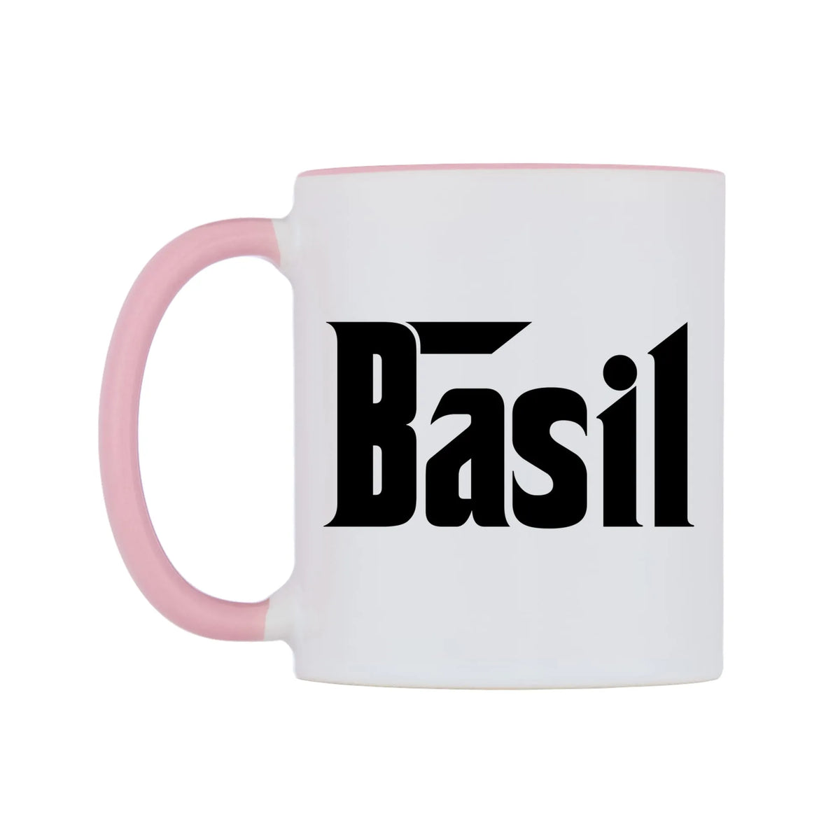 Basil - Godfather Themed Mug — white 11oz gloss mug with a pink inside and handle, right side, on a white background