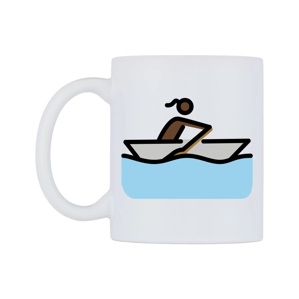 Female Rowing Boat: Dark Skin Tone Emoji Mug — mug, right side, on a white background