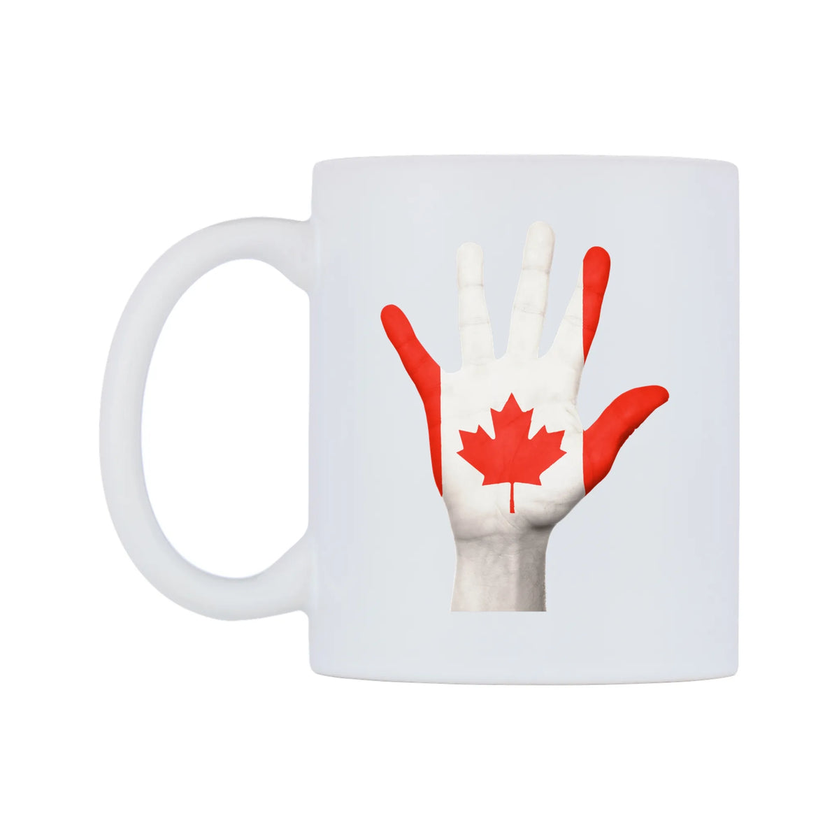 Canada Hand Flag Mug — white 11oz gloss mug, right side, on a white background