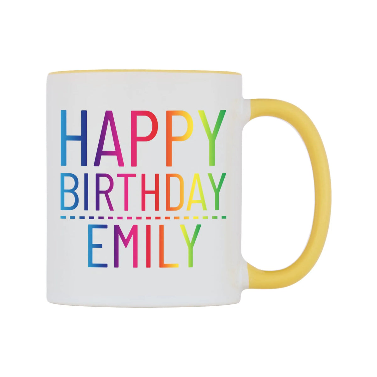 Personalised Happy Birthday (Rainbow) Mug — white 11oz gloss mug with a yellow inside and handle, left side, on a white background