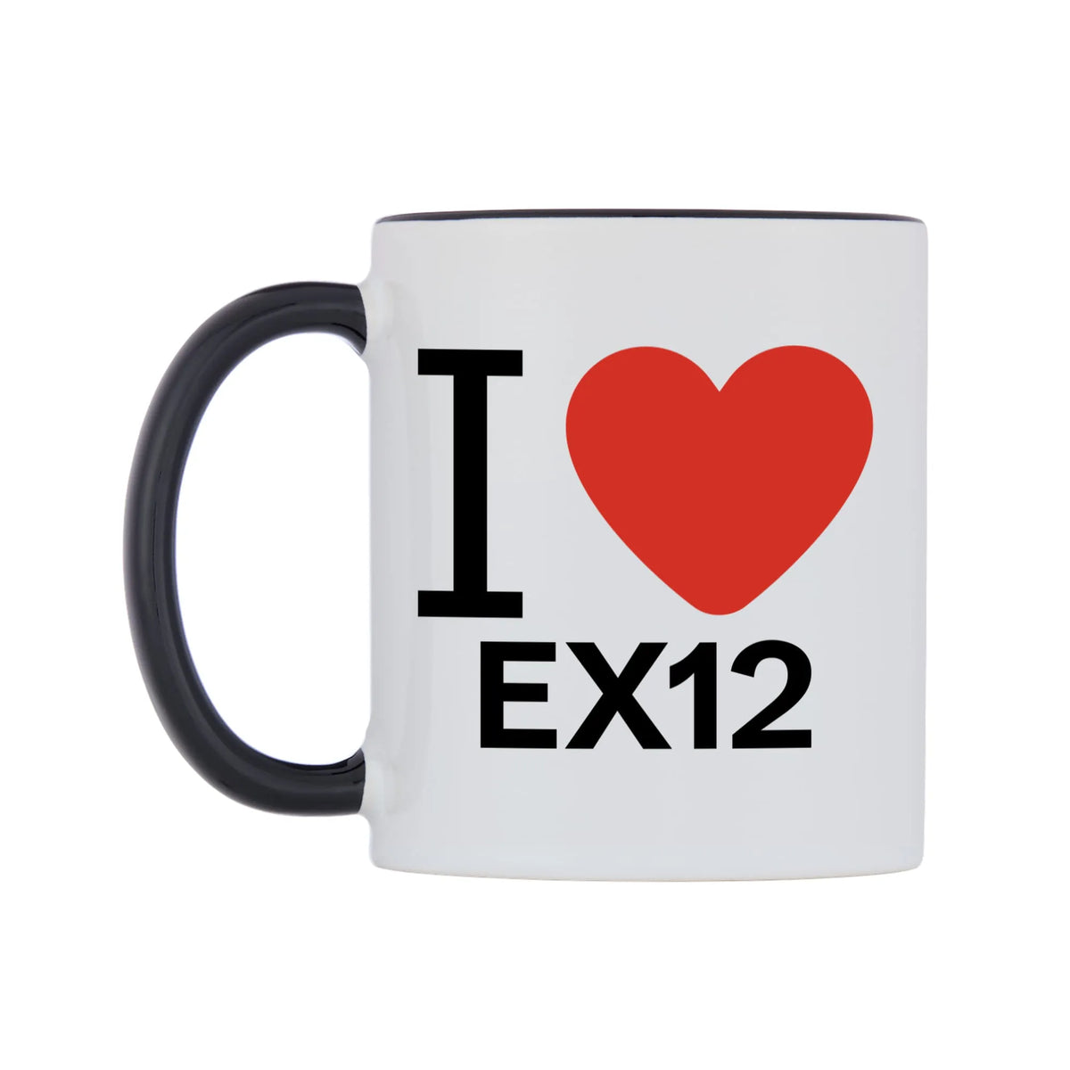 I Love EX12 Mug — white 11oz gloss mug with a black inside and handle, right side, on a white background