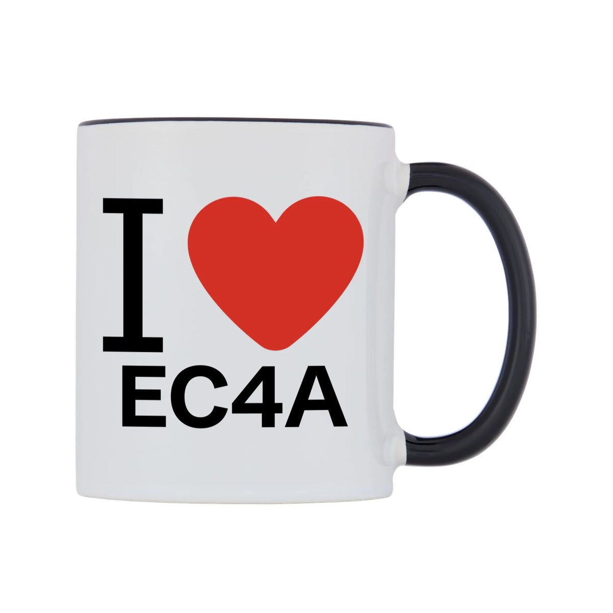 I Love EC4A Mug — white 11oz gloss mug with a black inside and handle, left side, on a white background