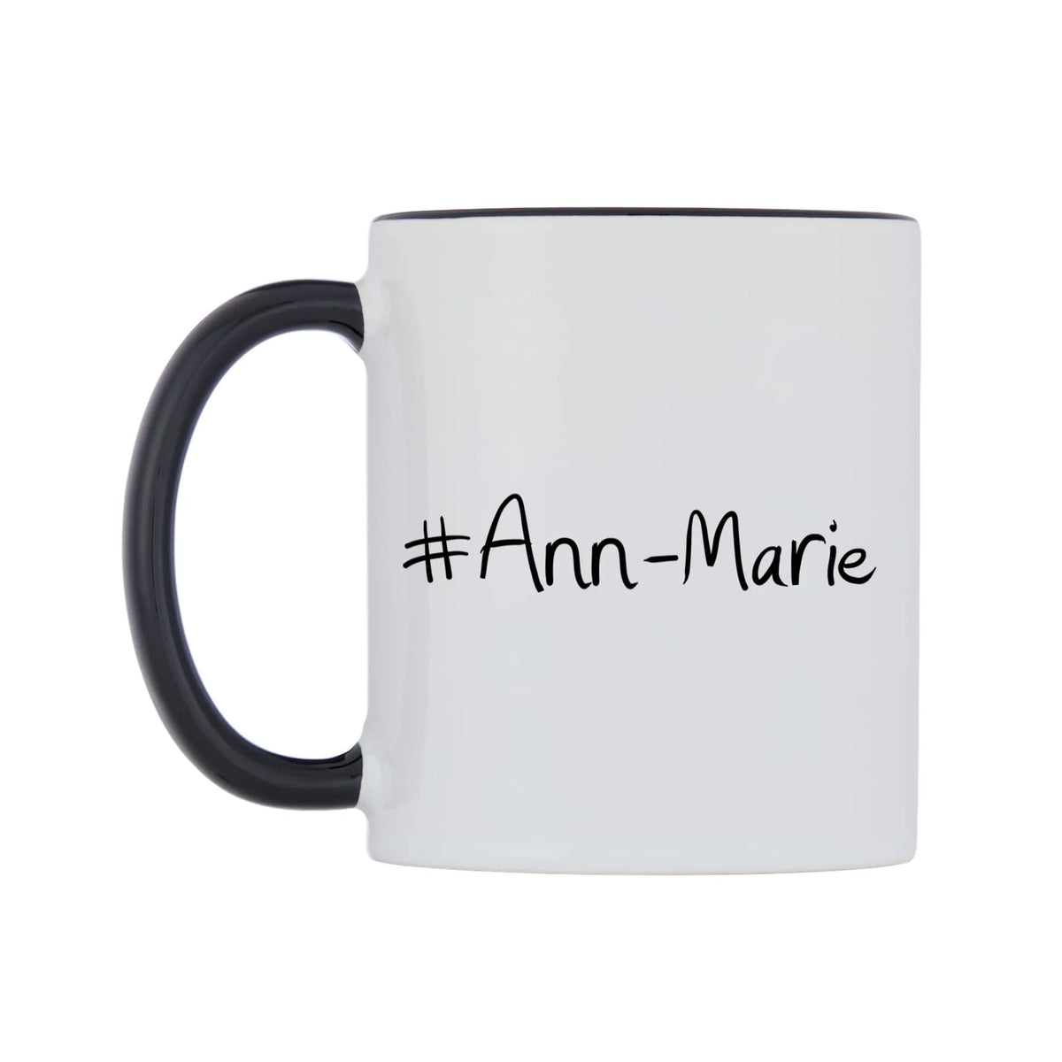 Ann-Marie Mug — white 11oz gloss mug with a black inside and handle, right side, on a white background