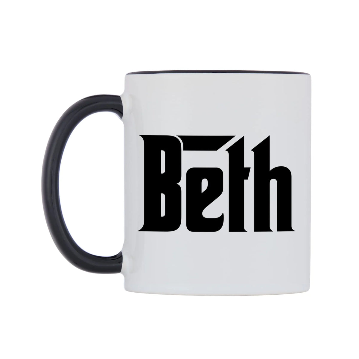 Beth - Godfather Themed Mug — white 11oz gloss mug with a black inside and handle, right side, on a white background