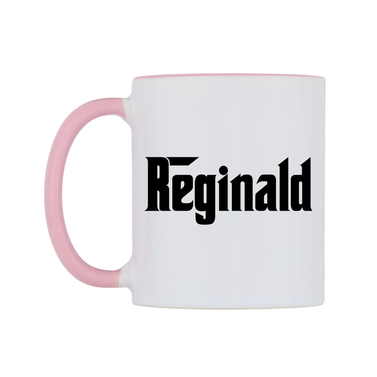 Reginald - Godfather Themed Mug — white 11oz gloss mug with a pink inside and handle, right side, on a white background