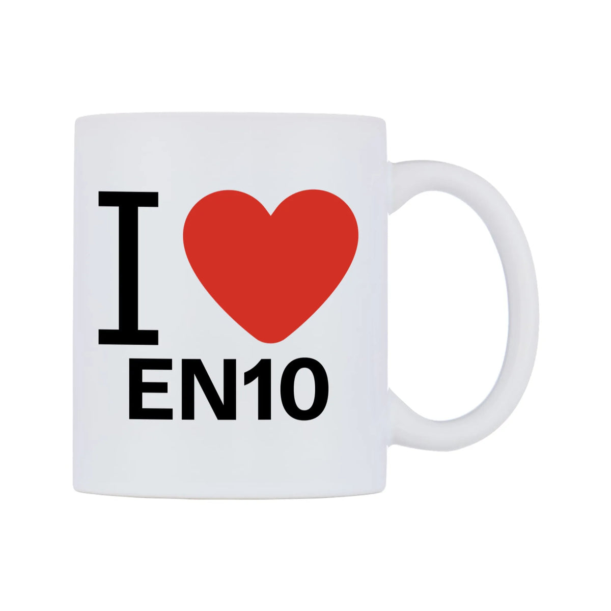 I Love EN10 Mug — white 11oz gloss mug, left side, on a white background