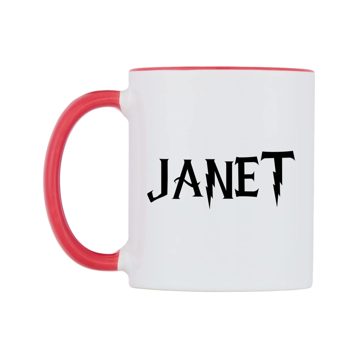 Janet - Wizard Themed Mug — white 11oz gloss mug with a red inside and handle, right side, on a white background