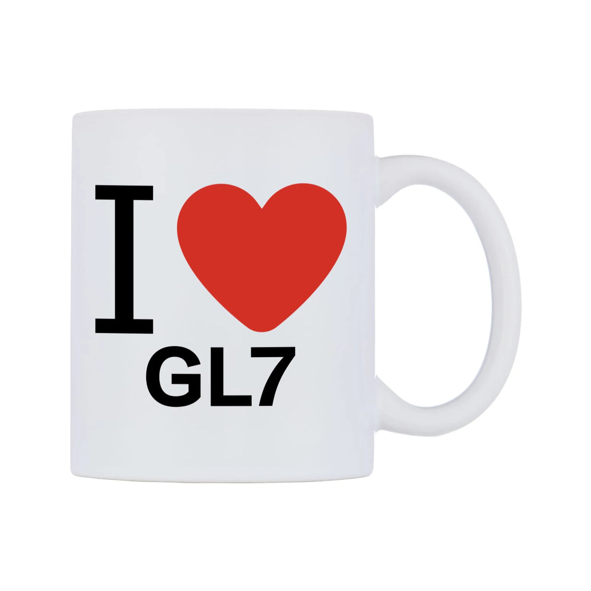 I Love GL7 Mug — white 11oz gloss mug, left side, on a white background
