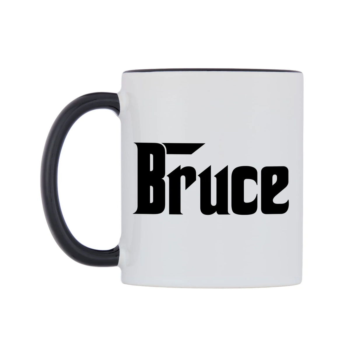Bruce - Godfather Themed Mug — white 11oz gloss mug with a black inside and handle, right side, on a white background