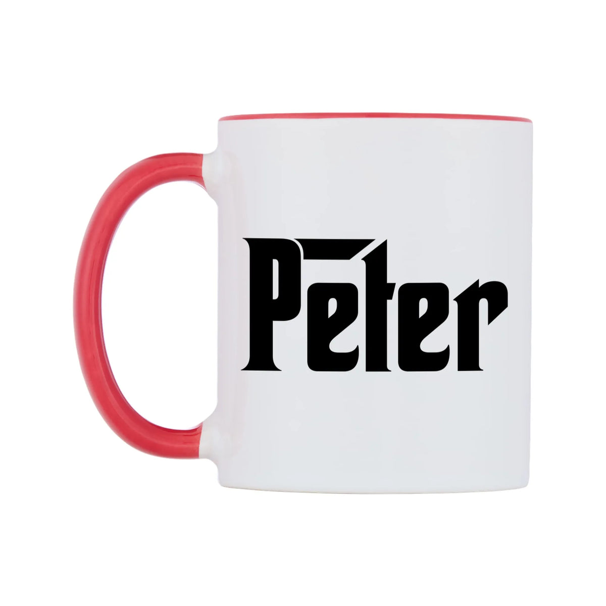 Peter - Godfather Themed Mug — white 11oz gloss mug with a red inside and handle, right side, on a white background