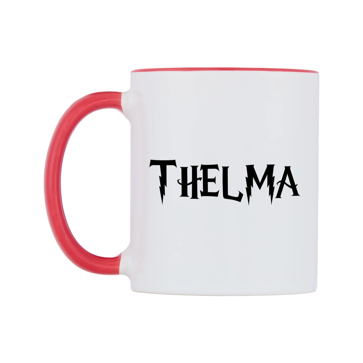 Thelma - Wizard Themed Mug — white 11oz gloss mug with a red inside and handle, right side, on a white background