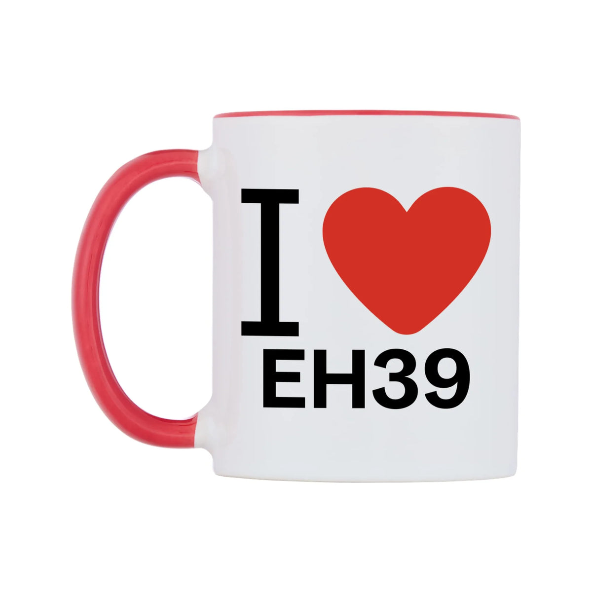I Love EH39 Mug — white 11oz gloss mug with a red inside and handle, right side, on a white background