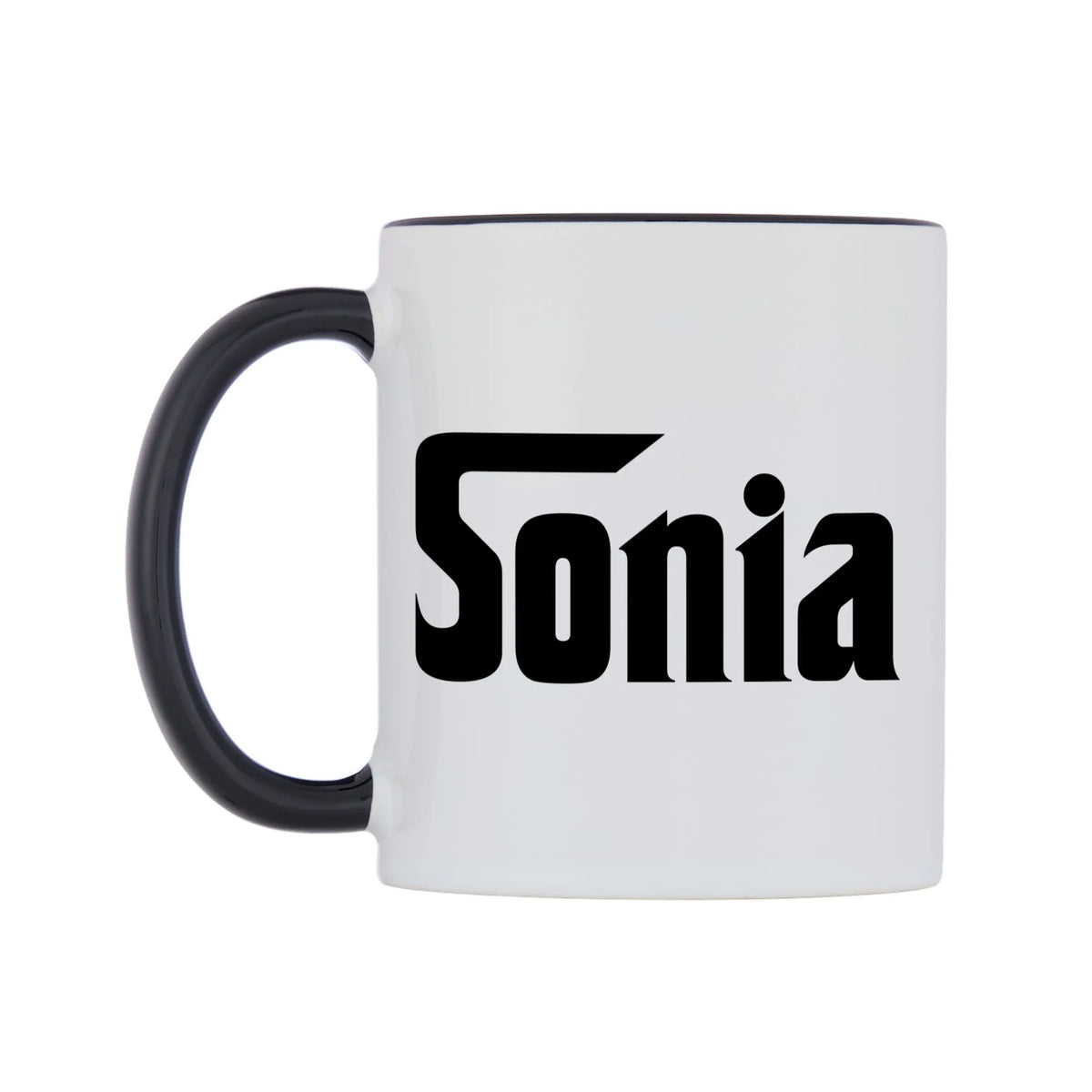 Sonia - Godfather Themed Mug — white 11oz gloss mug with a black inside and handle, right side, on a white background