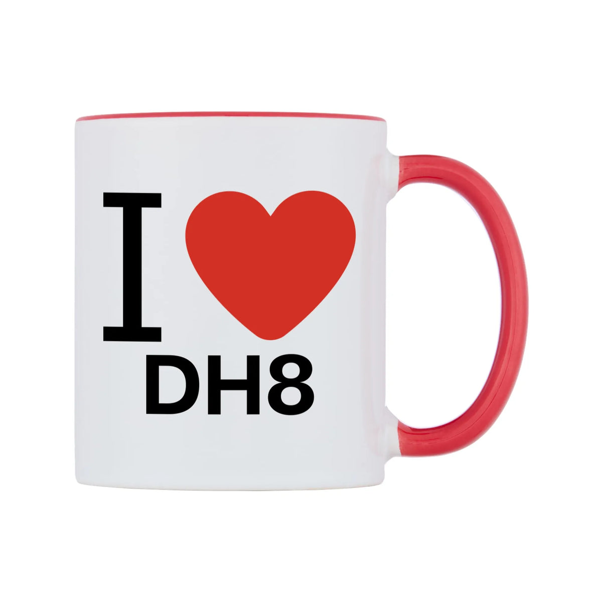 I Love DH8 Mug — white 11oz gloss mug with a red inside and handle, left side, on a white background